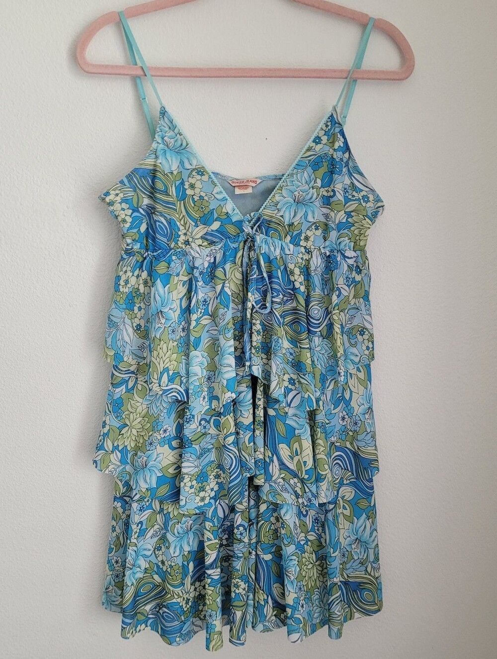 Guess Jeans Y2K Blue Green Floral Tiered Ruffle Milkmaid Babydoll Dress Vintage